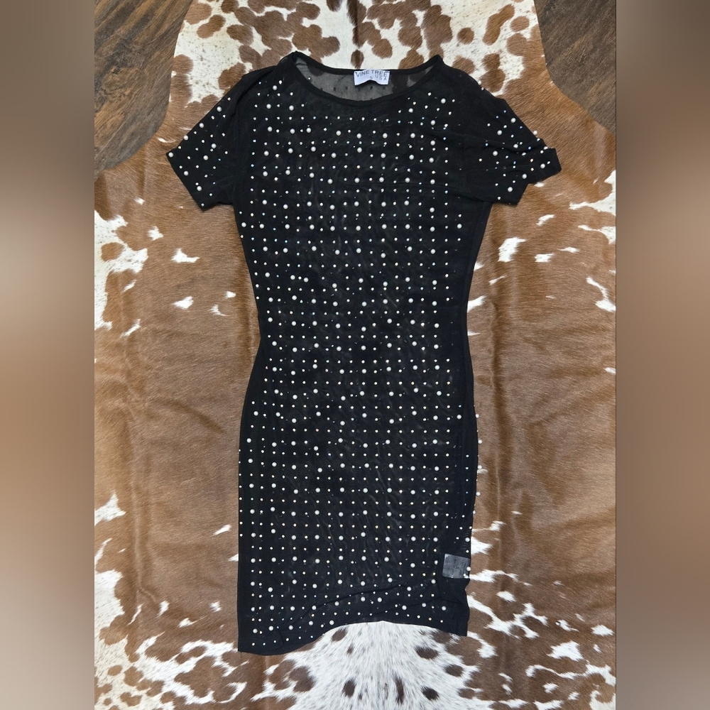 Elegant Sheer Black Pearl & Rhinestone Studded Mini Dress